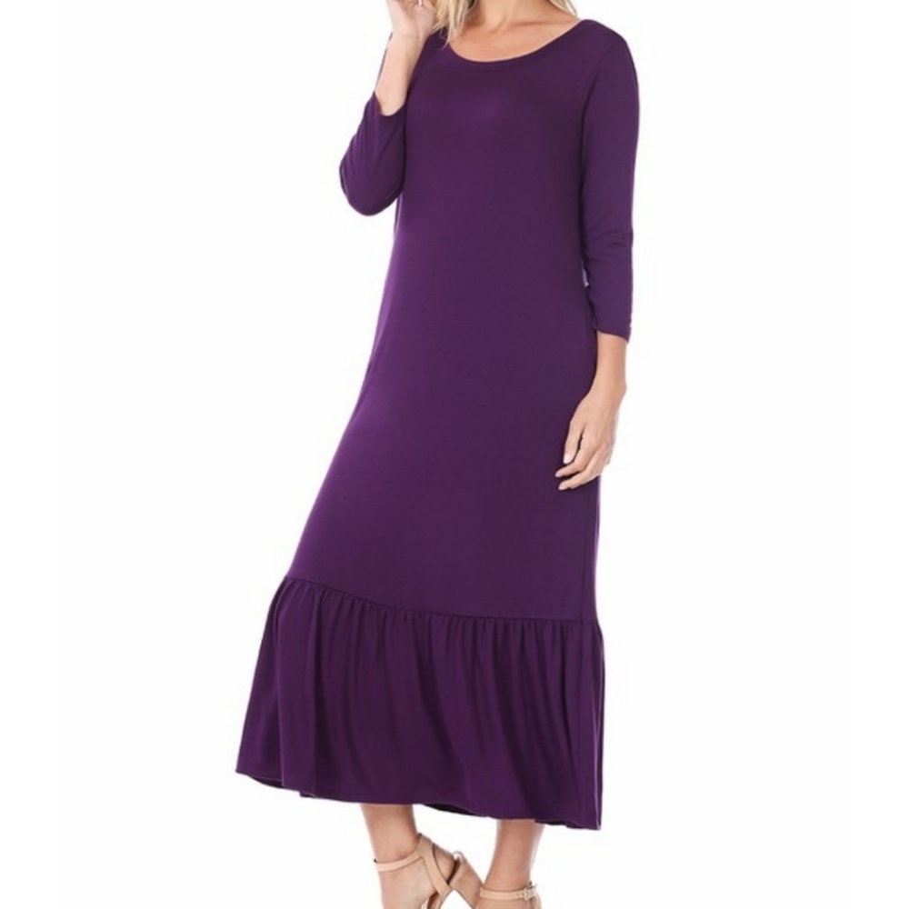 Dark Purple Three Quarter Sleeve Midi Dress